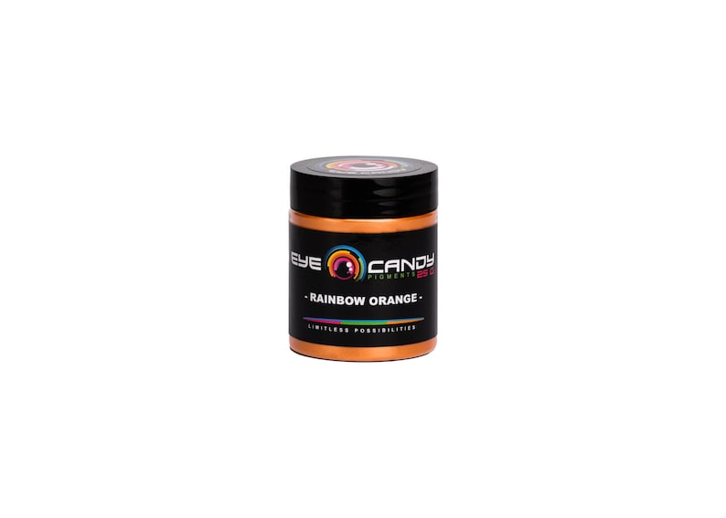 Może przedstawiać: Mały słoiczek pomarańczowej, tęczowej farby z etykietą "Eye Candy Pigments 25g - Rainbow Orange - Limitless Possibilities".