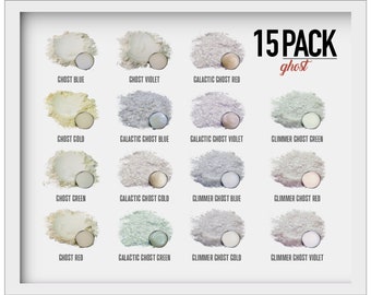 May include: A 15 pack of iridescent mica powder in various shades of blue, green, red, gold, and violet. The mica powder is labeled with the names "Ghost Blue", "Ghost Violet", "Galactic Ghost Red", "Ghost Gold", "Galactic Ghost Blue", "Galactic Ghost Violet", "Glimmer Ghost Green", "Ghost Green", "Galactic Ghost Gold", "Glimmer Ghost Blue", "Glimmer Ghost Red", "Ghost Red", "Galactic Ghost Green", "Glimmer Ghost Gold", and "Glimmer Ghost Violet".