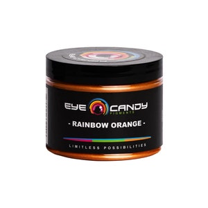 Może przedstawiać: Słoik z pomarańczowym pigmentem metalicznym z etykietą "Eye Candy Pigments - Rainbow Orange - Limitless Possibilities".