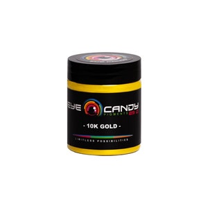 May include: A yellow jar of 10K Gold Eye Candy Pigments, a 25g jar of paint pigment for creating custom colors. The jar has a black lid and a label with the Eye Candy Pigments logo and the text "10K Gold" and "Limitless Possibilities".