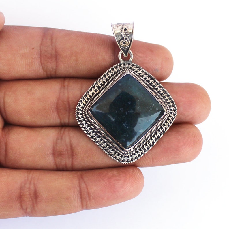Moss Agate gemstone pendant hand made pendant sterling silver 92.5/% pendant.