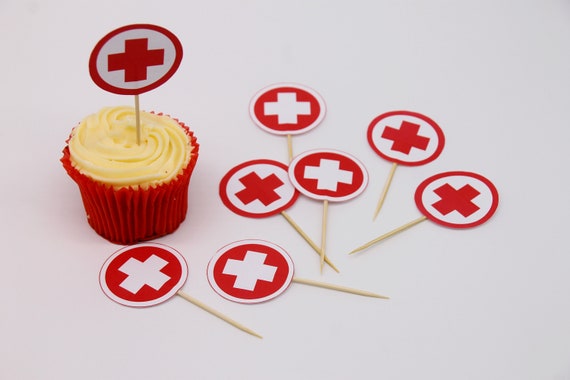 Hospital Party Cupcake Toppers - Doctor Cupcake Toppers - Medical cupcake toppers - Nurse Cupcake Toppers - Red Cross Cake Topper. Printable Il_570xn