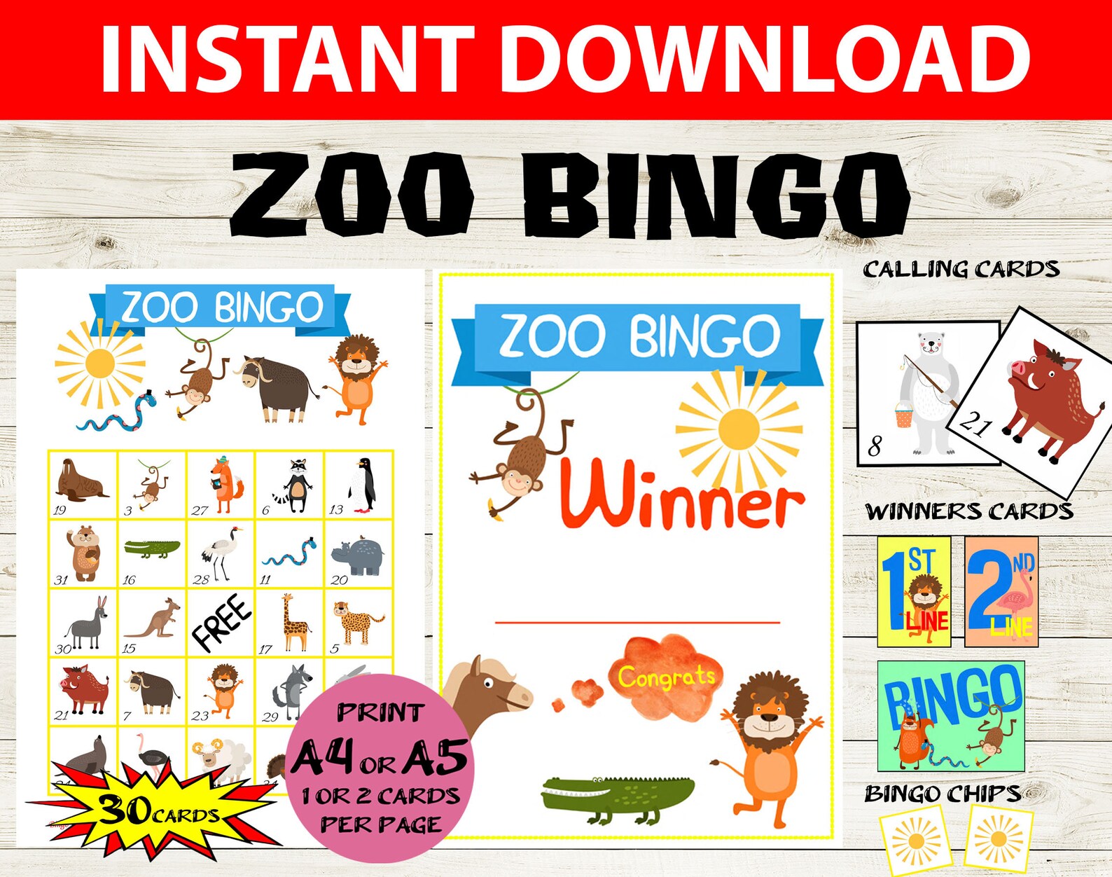 30 Card Zoo Animal Bingo Zoo Animal Bingo 5x5 Printable Etsy