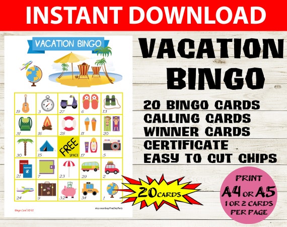 20 card Vacation Bingo - Summer Bingo 5x5 - Beach Printable Bingo Cards - Beach-themed Party Game - Kids Bingo Game - Holiday bingo game Il_570xn
