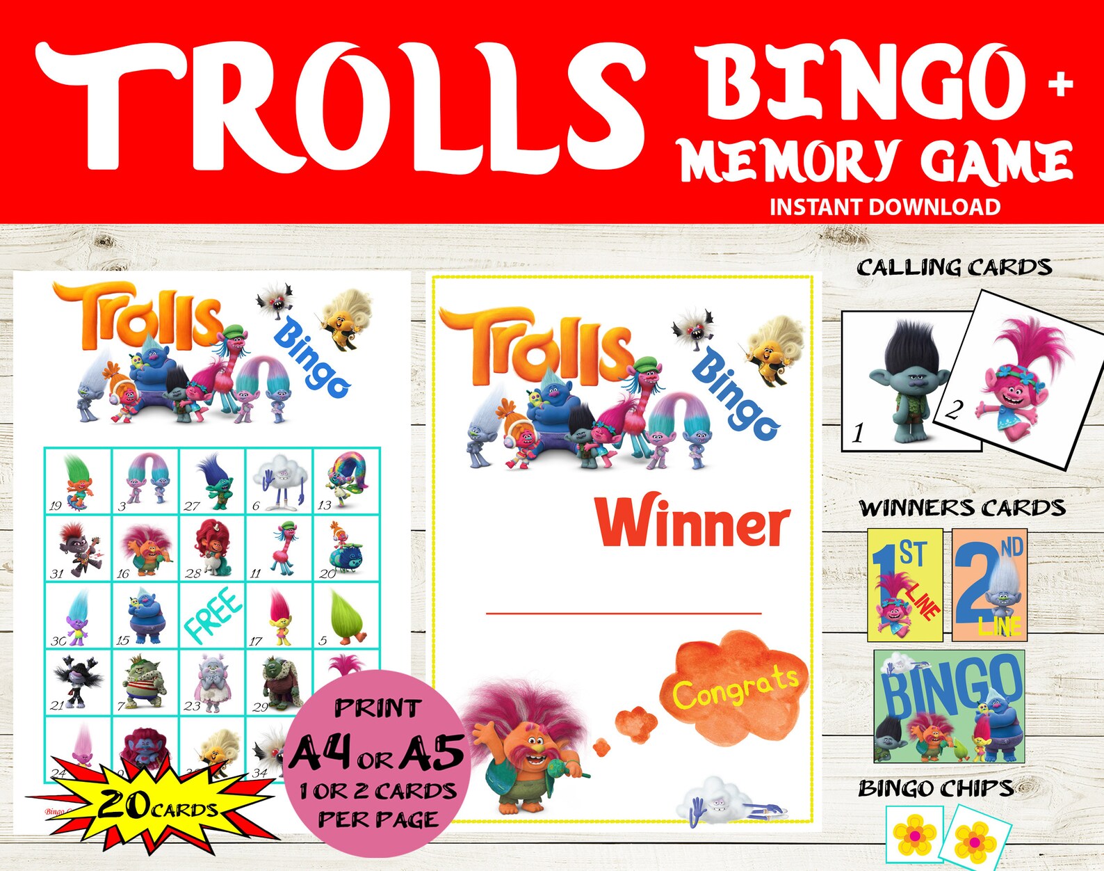 20 Card Trolls Bingo & Memory Game Trolls World Tour Bingo | Etsy