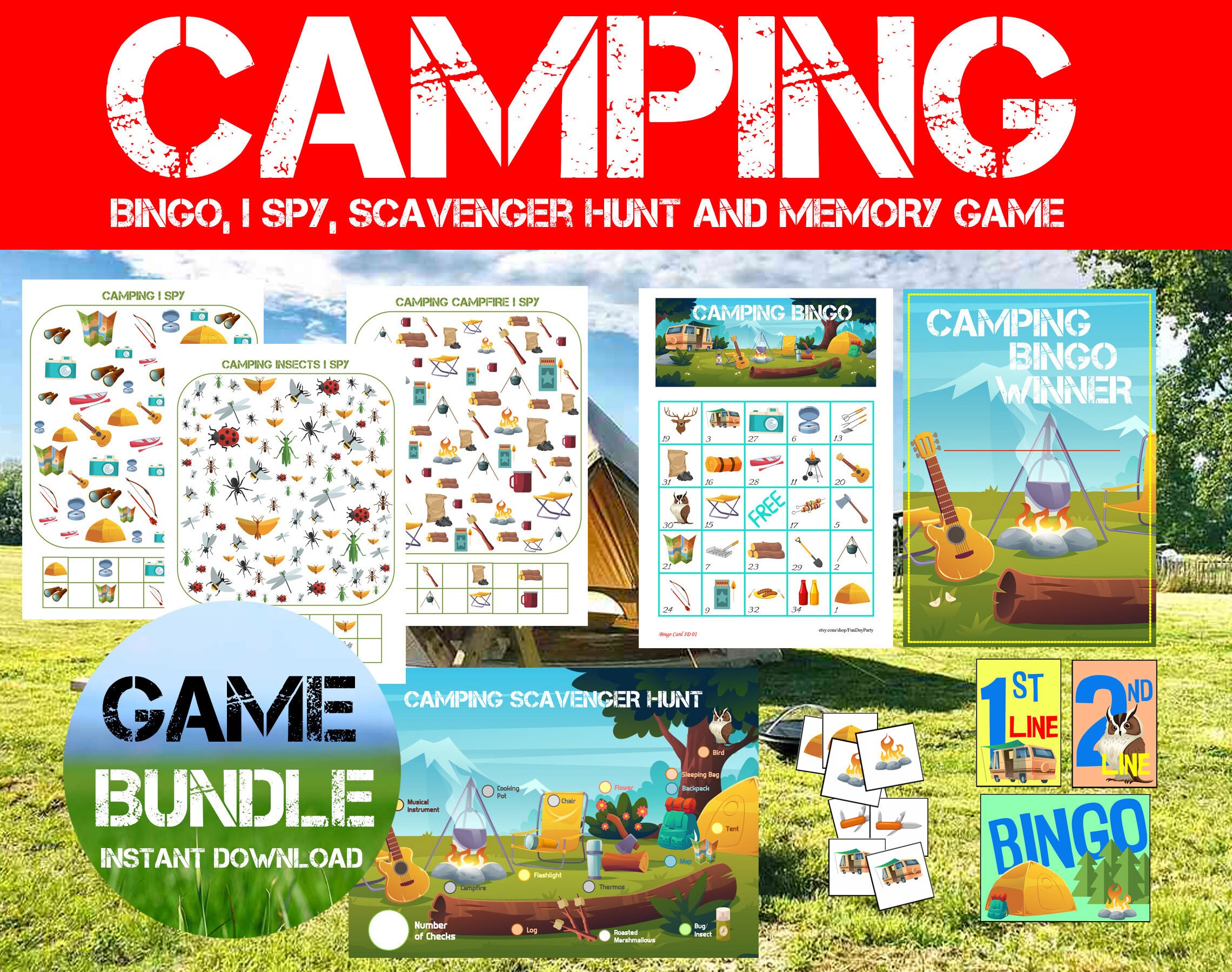 4 camping game bundle 30 card Camping Bingo Memory game I Etsy