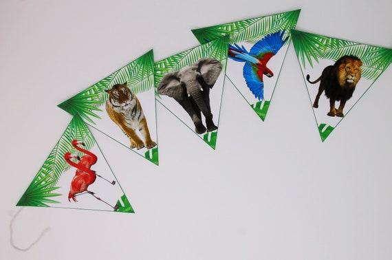 Jungle party Flag Banner Bunting, Hanging Decoration, Jungle, Zoo, Animal Garland, realistic animal decorations. Instant Download, Printable Il_570xn