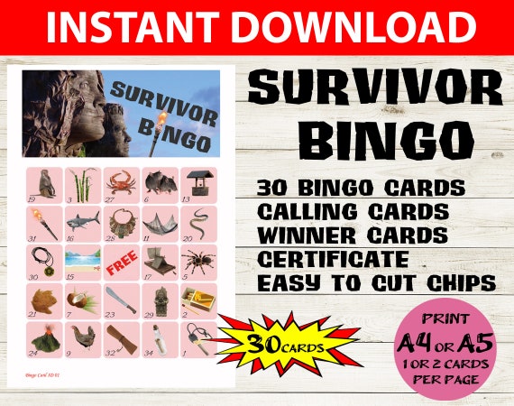 30 card TV Show Survivor Inspired Bingo - Survivor Bingo 5x5 game - Survivor Printable Bingo Cards - Survivor Party Game - Kids Bin go Game Il_570xn