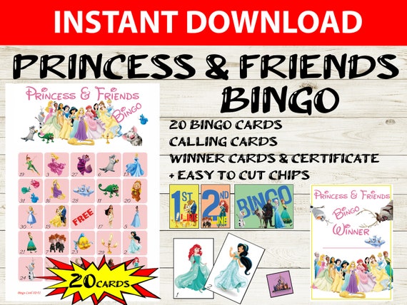 20 card Princess & friends Bingo - Disney Princess Bingo 5x5 - Princess Printable Bingo Cards - Princess Party Game - Kids Bingo Game Il_570xn
