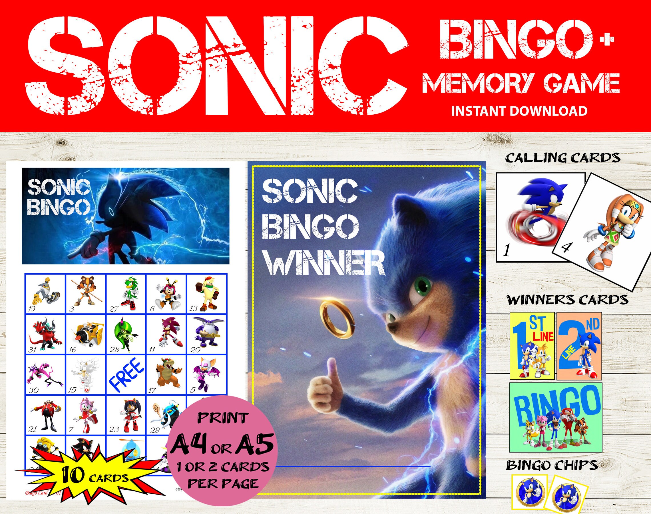10 card Sonic Bingo & Sonic Memory game Sonic Bingo 5x5 Etsy
