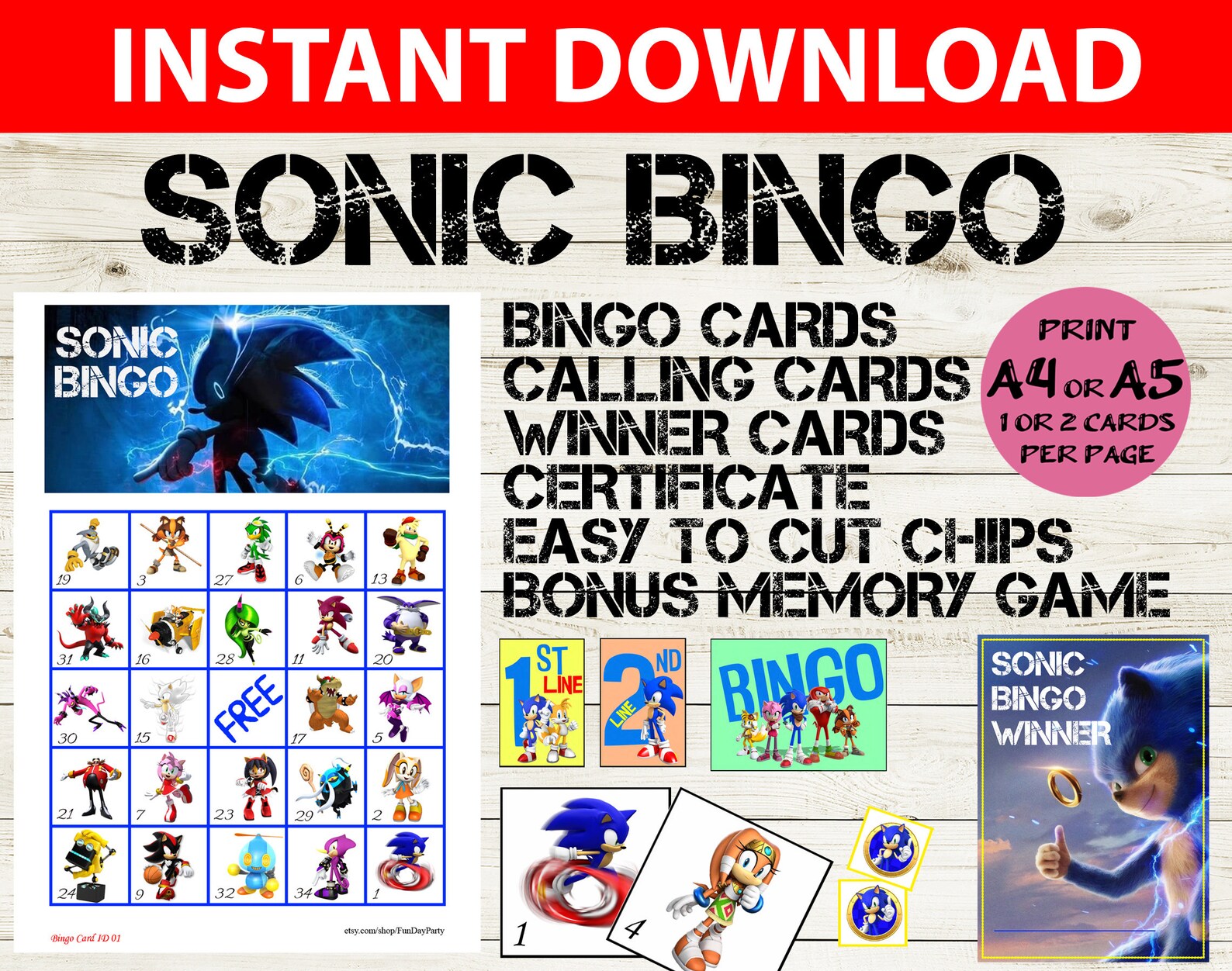 20 card Sonic Bingo & Sonic Memory game Sonic Bingo 5x5 Etsy