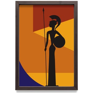May include: Framed art print featuring a black silhouette of a figure holding a spear and shield, set against an abstract geometric background of orange, red, and blue shapes. The artwork is enclosed in a dark brown frame.