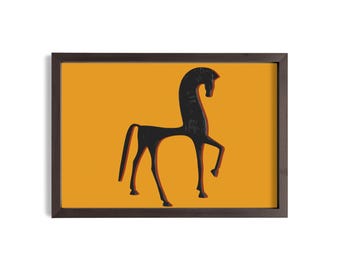 Stampa artistica di un cavallo antico, poster minimalista di un cavallo, quadro murale con cavallo di bronzo greco, arredamento moderno di metà secolo, opera d'arte ispirata all'archeologia