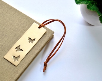 Segnalibro in ottone a forma di farfalla, nappa in pelle, regalo per insegnanti e bibliotecari