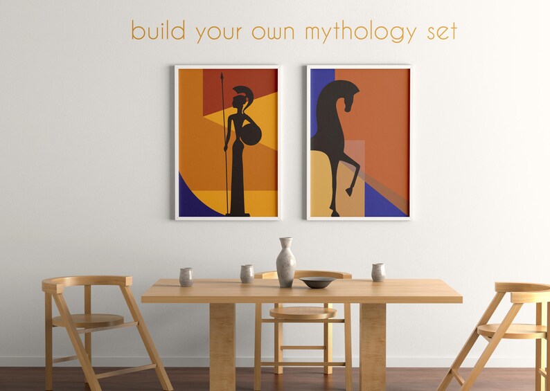 May include: Two framed art prints with abstract designs of mythological figures. One features a warrior with a spear and shield, the other a rearing horse. The text "build your own mythology set" is above the prints. A wooden table and chairs are in the foreground.