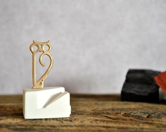 Scultura in miniatura di gufo in bronzo: porta biglietti da visita da scrivania fatto a mano
