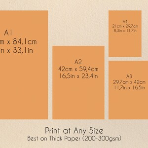 May include: An orange-colored print size chart with dimensions in inches and centimeters. Sizes include A1 (23.4in x 33.1in), A2 (16.5in x 23.4in), A3 (11.7in x 16.5in), A4 (8.3in x 11.7in), and A5 (5.8in x 8.3in). Text reads "Print at Any Size".