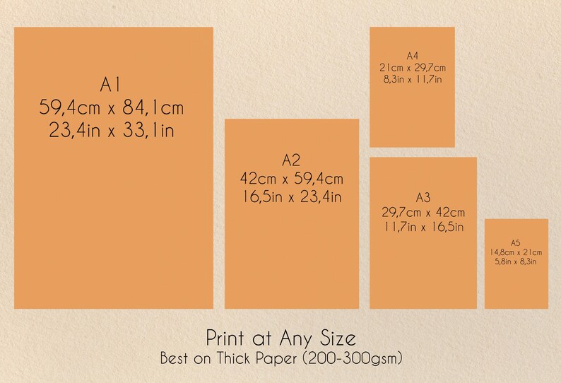 May include: An orange-colored print size chart with dimensions in inches and centimeters. Sizes include A1 (23.4in x 33.1in), A2 (16.5in x 23.4in), A3 (11.7in x 16.5in), A4 (8.3in x 11.7in), and A5 (5.8in x 8.3in). Text reads "Print at Any Size".