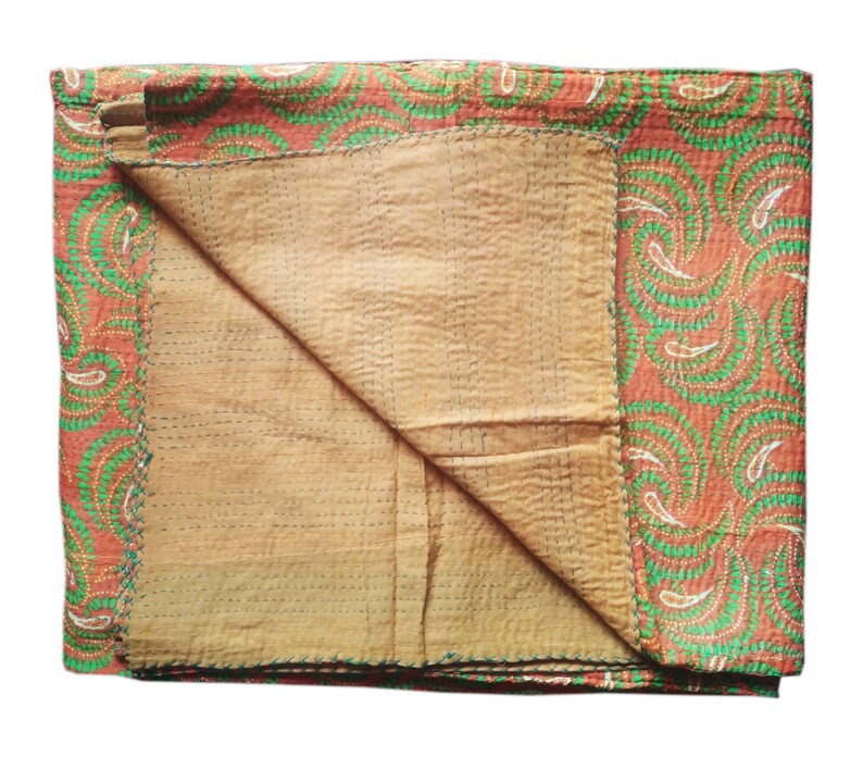 Handmade Vintage Handblock Printed Floral Printed Kantha Quilt Queen Size Gudri 90X108