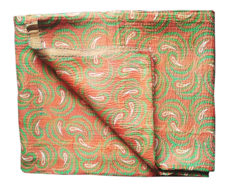 Handmade Vintage Handblock Printed Floral Printed Kantha Quilt Queen Size Gudri 90X108