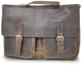 Genuine leather messenger bag laptop shoulder bag for women gift men work office briefcase bag Large Satchel "NJP" Embossed.