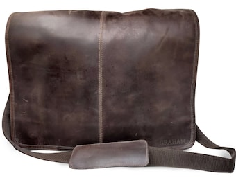 18" Genuine leather messenger bag laptop shoulder bag for women gift men work office briefcase bag Large Satchel "GRAHAM" Embossed.