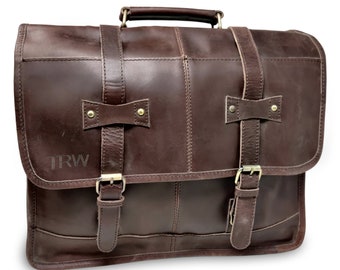 Genuine leather messenger bag laptop shoulder bag for women gift men work office briefcase bag Large Satchel "TRW" Embossed.