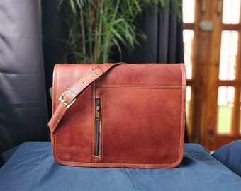 14" Personalized Genuine leather messenger laptop bag shoulder bag for women gift for men office bag work briefcase rustic bag Large Satchel