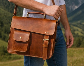 Personalized Leather Messenger Crossbody Satchel Handmade Shoulder Bag for Everyday Use Birthday Gifts for Him Her Office Briefcase Bag