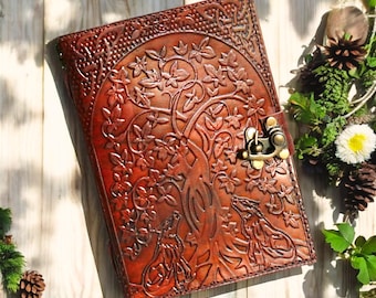 Howling Wolf Leather Journal Tree of Life Custom Blank Notebook Grimoire Spell Book Travel Diary Safari Personalized Gift for Her Him