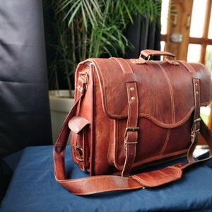 18' Genuine leather messenger bag laptop bag shoulder bag for women gift for men office bag work briefcase Large Satchel image 3