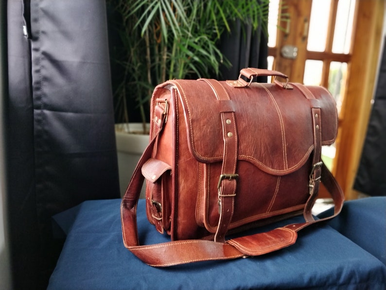 18' Genuine leather messenger bag laptop bag shoulder bag for women gift for men office bag work briefcase Large Satchel image 3