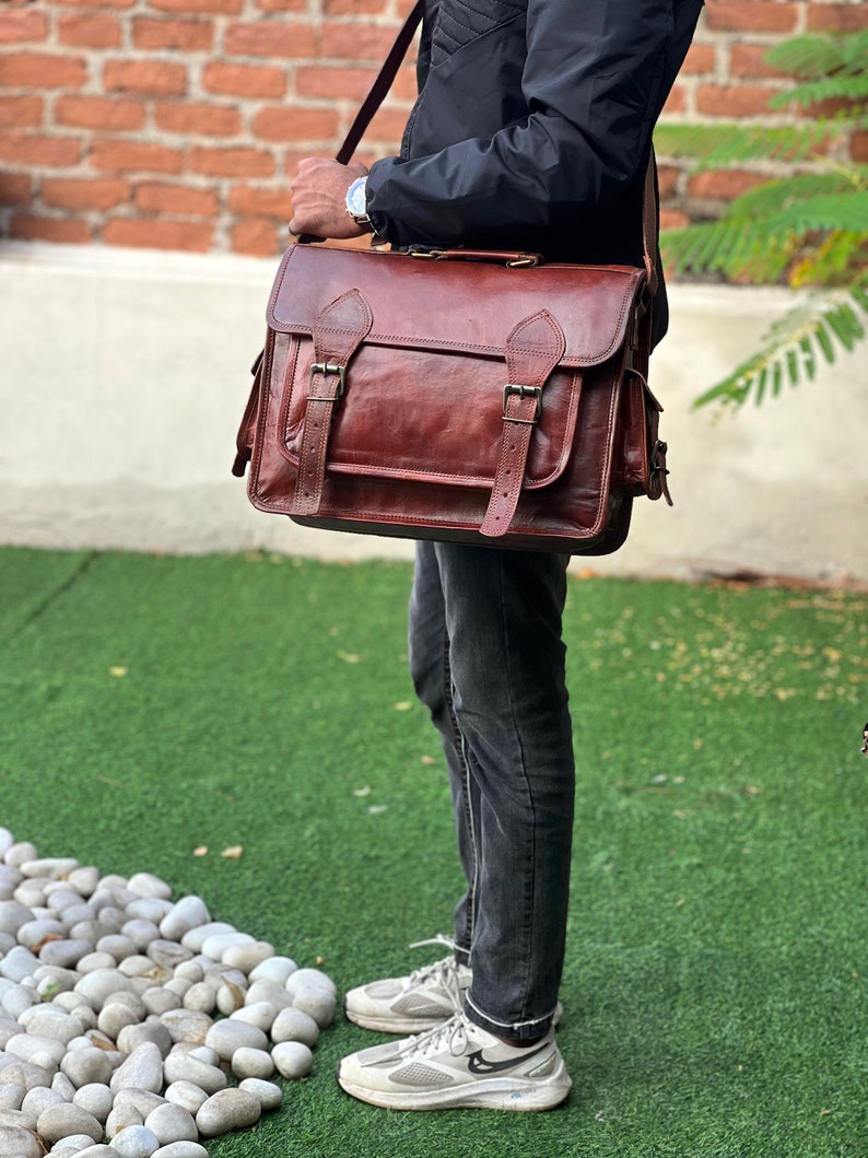 Personalized Genuine leather messenger bag laptop bag shoulder bag for men and women office bag briefcase bag image 8
