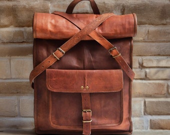 Personalized Leather Backpack Vintage Rucksack Roll Top Bag Weekender Backpack Laptop Bag Expandable Backpack Travel Bag Engraved Gifts