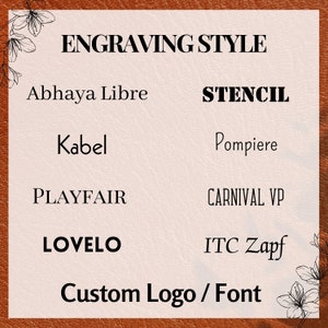 The engraving style are displayed to choose from or you can specify your own custom logo or font for engraving and to adorn the bag. Whether as a thoughtful gift or a personal indulgence, make it truly yours with a touch that adds a unique flair.