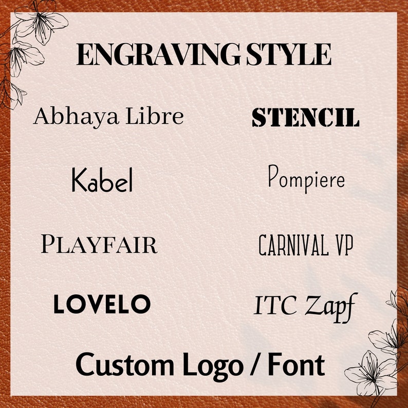 The engraving style are displayed to choose from or you can specify your own custom logo or font for engraving and to adorn the bag. Whether as a thoughtful gift or a personal indulgence, make it truly yours with a touch that adds a unique flair.