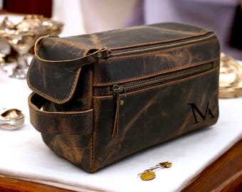 Personalized Leather Toiletry Bag: Brown Monogrammed Dopp Kit