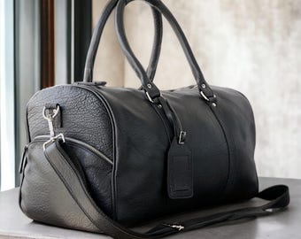 Handmade Black Leather Duffle Bag Custom Luggage Carry On Overnight Weekender Gym Sports Bag Groomsmen Christmas Gifts Travel Adventure Gear