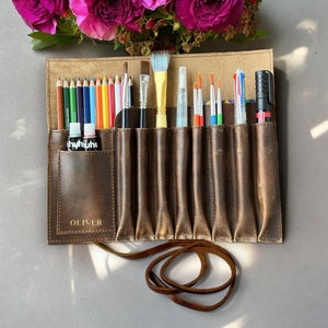 Genuine Leather Pencil Roll Brush Case Pen Holder Organizer Brushes Ruler Stationary Pouch Gift for Students Artist Painter & Writer