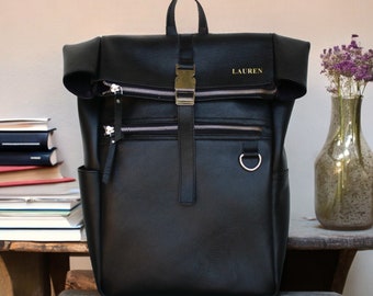 Personalized Leather Backpack Roll Top Rucksack Unisex Laptop Backpack College Book Bag Boyfriend Gift Leather Bag Custom Gift Birthday Gift