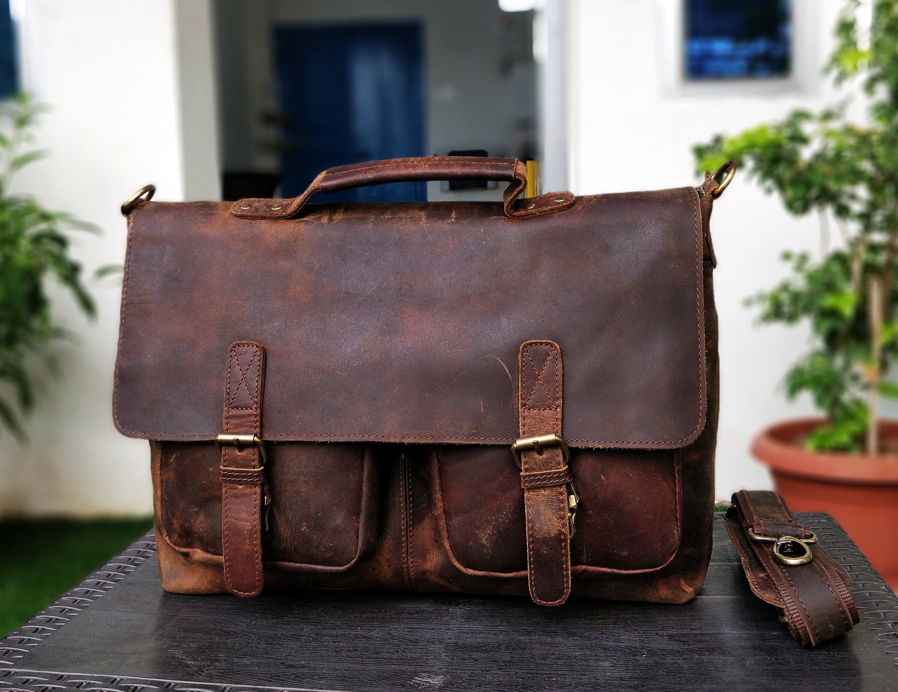 Men's Leather Messenger Bag for Laptop - Vintage Satchel Leather