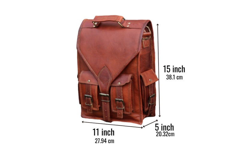 Dimension image showcasing the size and proportions of the leather bag, perfect for gauging its suitability for your travel needs. Measuring 15 X 11 X 5 inches. The messenger bag provides the perfect balance of storage capacity.