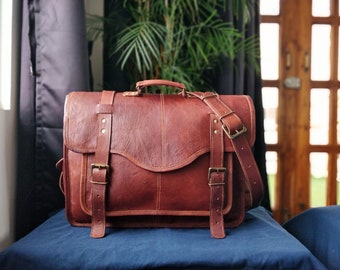 18' Genuine leather messenger bag laptop bag shoulder bag for women gift for men office bag work briefcase Large Satchel