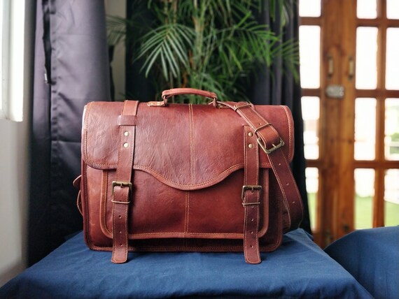 Men's Briefcase Office Bag Genuine Buffalo Leather Messenger