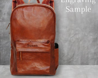 Personalized Leather Backpack: Vintage Travel Laptop Bag, Monogrammed Rucksack