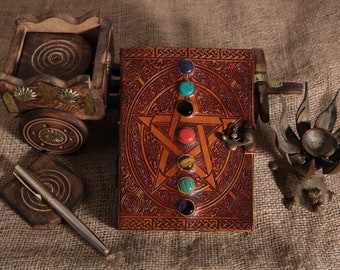 Leather Journal 7 Stone Notebook, Rustic Handmade Lockable Diary, Travel journal, Sketchbook, scrapbook, book of Shadow, Personalised gift