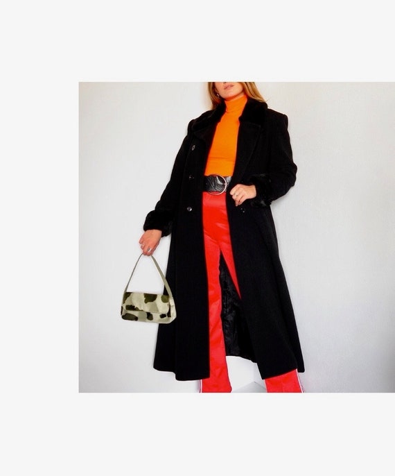 Vintage 90s Black Wool Winter Long Maxi Coat Doubl