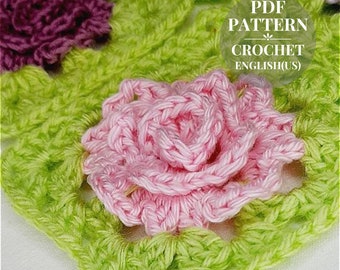 Crochet pattern square floral motif with a rose for a blanket. Motif Afghan crochet pattern. Instructions for crochet Granny Square pdf.