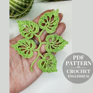 Crochet branch with leaves pattern. Crochet vine tutorial. Instructions for crochet a twig with leaves PDF.