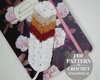 Bookmark feather crochet pattern. Gift handmade crochet for booklovers. Bookmark tutorial PDF.